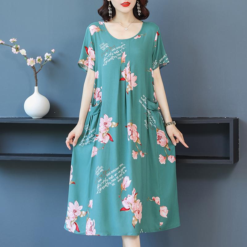 Plus Size Summer Woman Dress Vintage Short Sleeve Print Female Loose Casual Floral Dresses