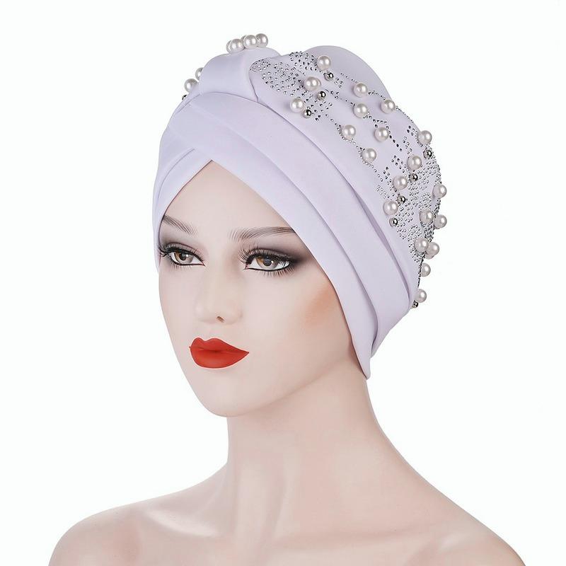 Women's Solid Color Hot Drilling Pearl Turban Hat Cap Head Hat Accessories