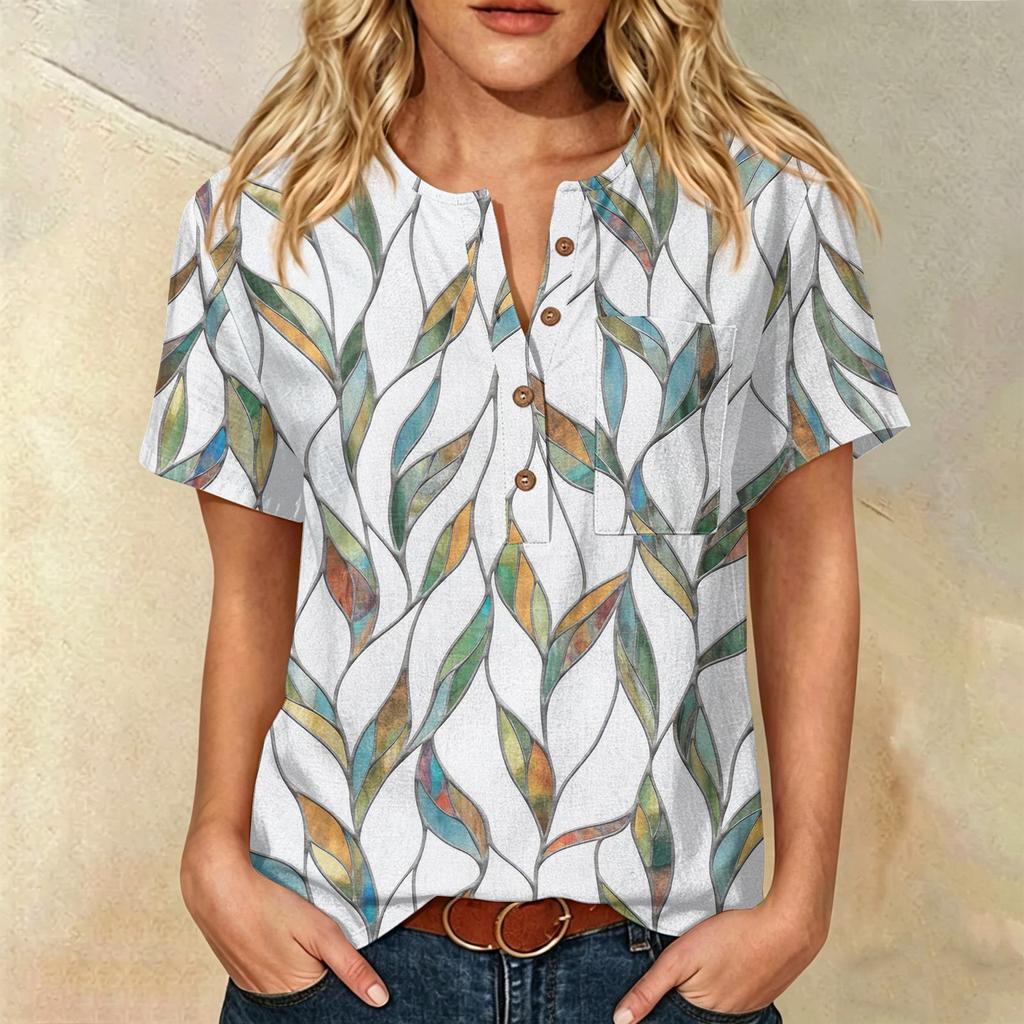 Women’s Fashion Printed Shirt Cotton Linen Short Sleeve Henley Neck Button Front Pocket Design Loose Fit Top for Daily Wear