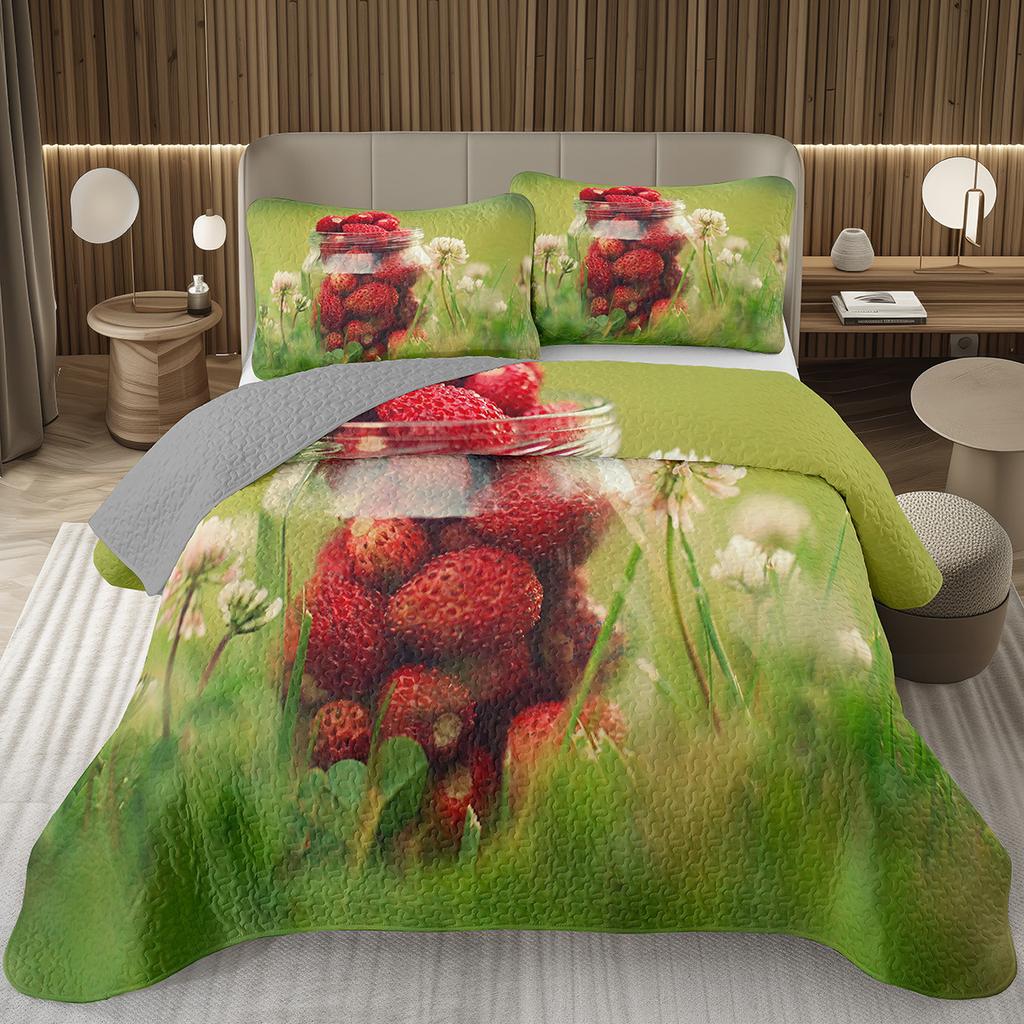 Strawberry Bedspread Kawaii Fruit Coverlet Twin King Size Cute Strawberries Quilt Set For Kids Girls Teens Adult Bedroom Decor