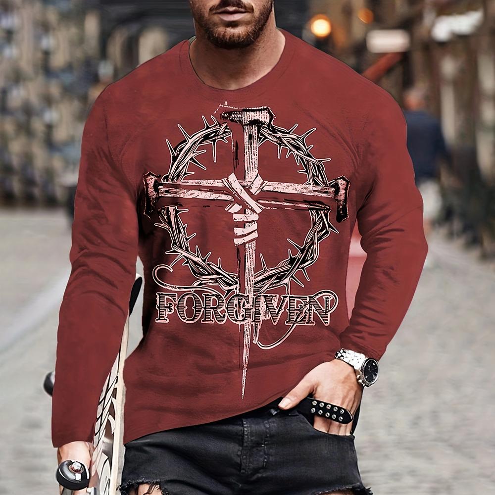 Fashion Jesus Cross Pattern T Shirt For Men 3D Lion Print Long Sleeve T-shirt Hip Hop Trend Vintage Clothes Oversized Cotton Top