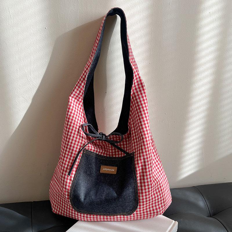 Новая джинсовая клетчатая двусторонняя сумка-тоут большой вместимости, женская, для студентов колледжа, для учебы, универсальная, для поездок на работу, на плечо