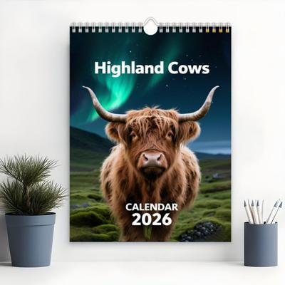 Kalendár Highlandskej kravy 2026 Jan 2026 - Dec 2026 12-mesačný plánovač Škótska nástenná dekorácia pre domácu kanceláriu