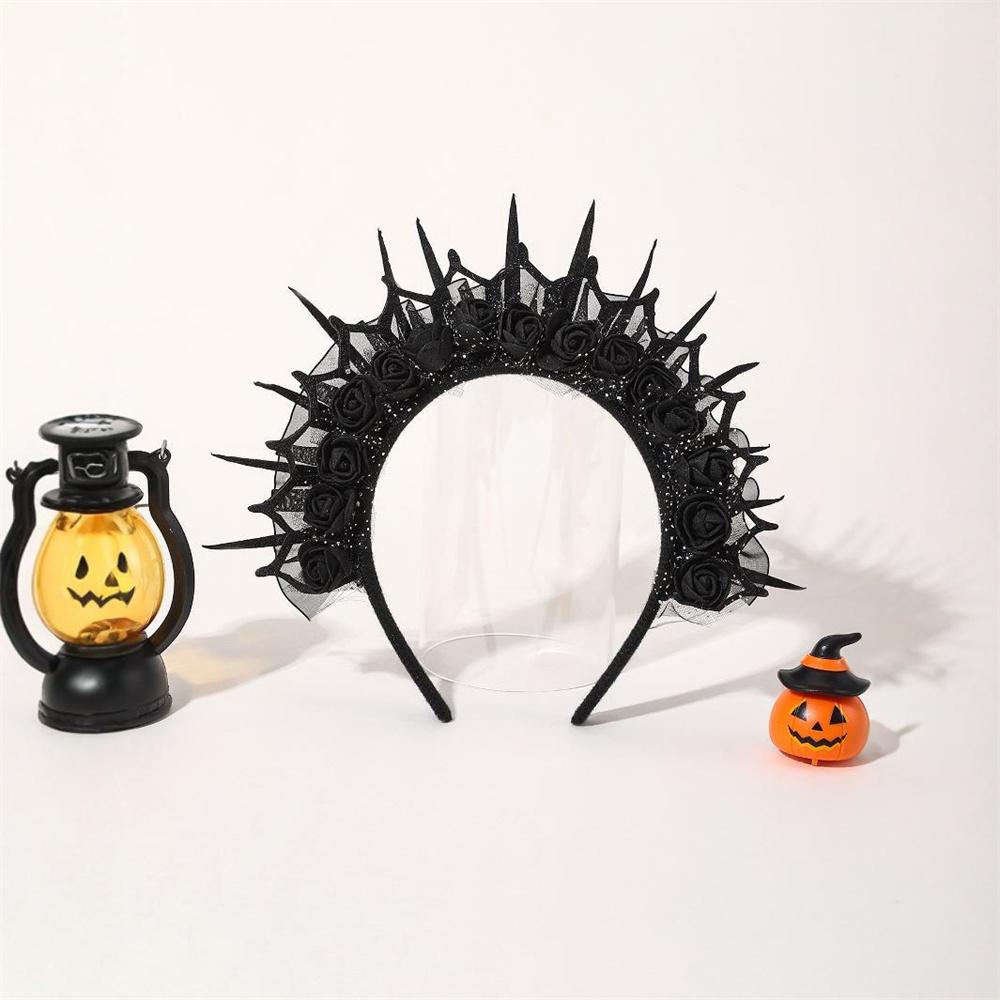 Schwarze Rosen-Spitzenkrone Stirnband für Damen Mädchen Hexe Haarband Halloween Party Cosplay Kostüm Kopfschmuck Zubehör
