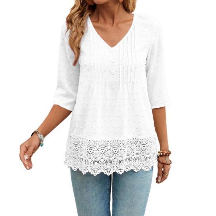 

Женская повседневная блузка с кружевной ажурной отделкой по подолу, жаккардовым декором, дышащая, с V-образным вырезом, рукавом 3/4, однотонная S белый