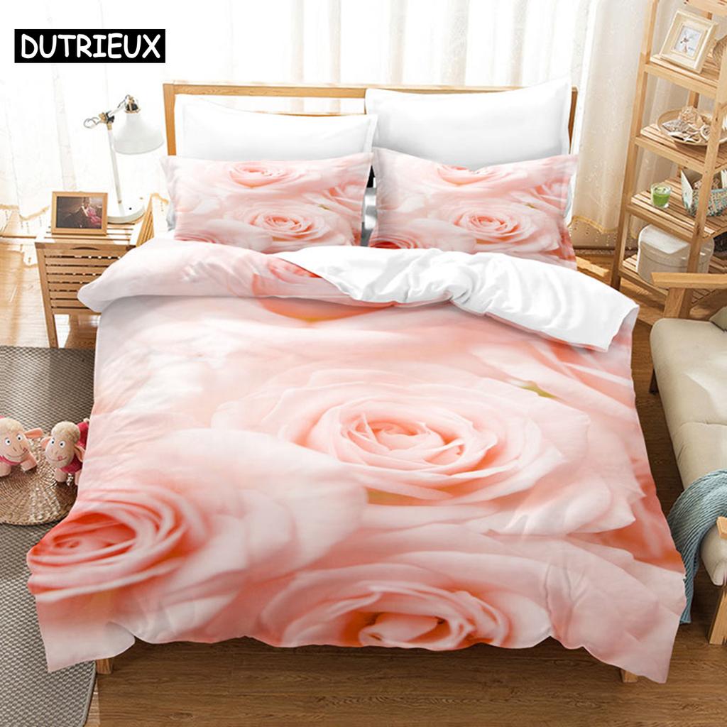 Comforter Pink Rose Bedding Set Linens Quilt Comforter 3D Pillow Case Double Full King Queen Twin Single 3Pcs 2Pcs Home Texile