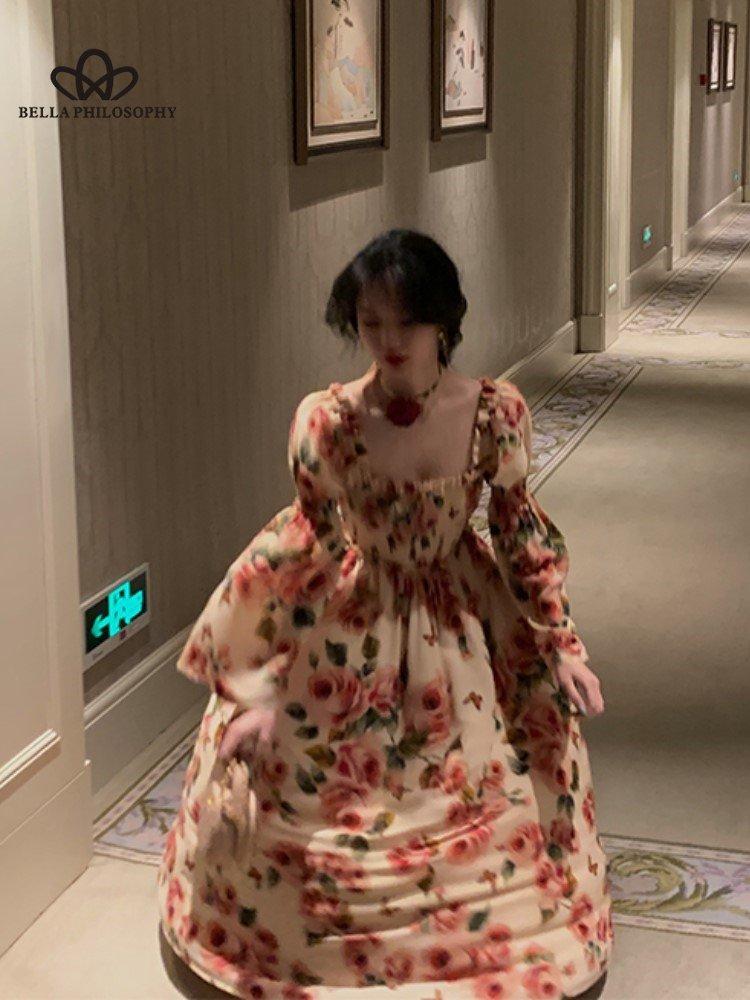 French Vintage Midi Dress Women Long Sleeve Casual Party Elegant Dress Blue Spring Beach One Piece Dress Korean Fashion