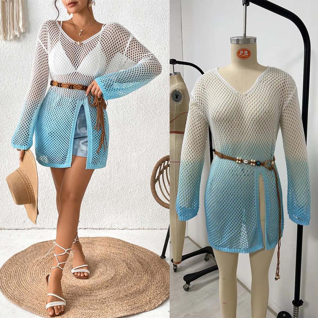 Women's Hollow Out Sexy Bikini Outer Gradient Beach Pullover Long Sleeve Cover Up