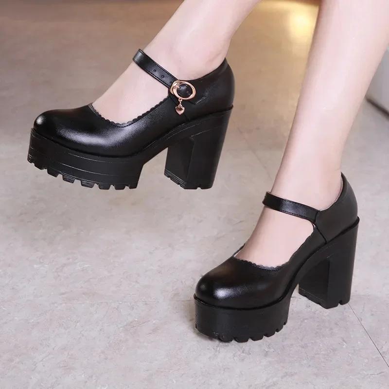 8cm 10cm Small Size 32-43 Elegant Office Ladies Soft Leather Mary Janes Platform Shoes 2025 Fall Block High Heels Shoes Work Mom