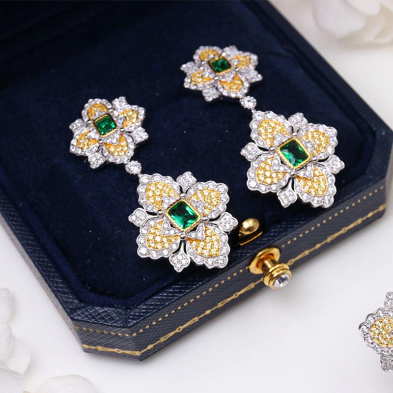 Two Tones Yellow and White Gold Color Sterling Silver S925 Stud Earrings for Women Wedding