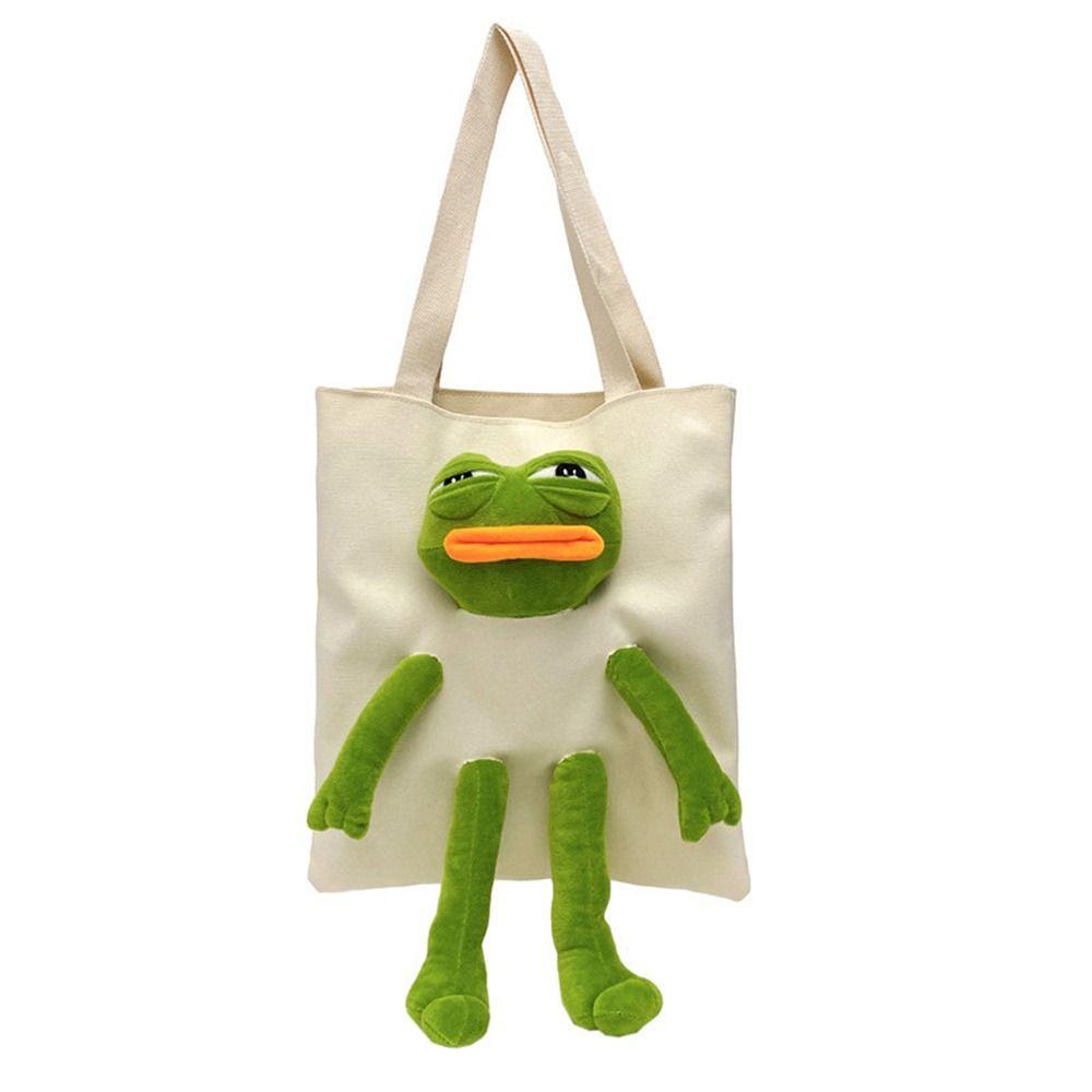 Canvas Shoulder Bags Fashion Anime Cartoon Shopping Bag Stuffed Sad Frog Cute Crossbody Bag Women