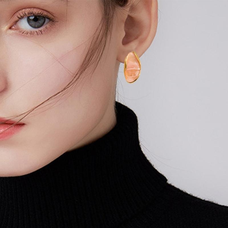 Stylish Multi Color Resin Ear Studs Stainless Steel Geometric Shaped Earrings Elegant Gold Tone Women Fashion Jewelry