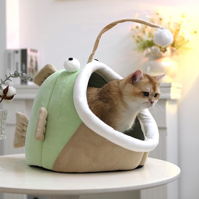 Winter Cat Nest with Funny Cat Stick Autumn and Winter Semi-enclosed Buckskin Small Dog Kennel
