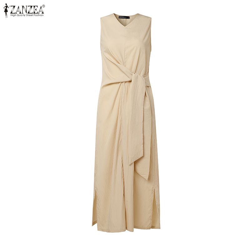 ZANZEA Women Casual Round Neck Summer Sleeveless Long Dress