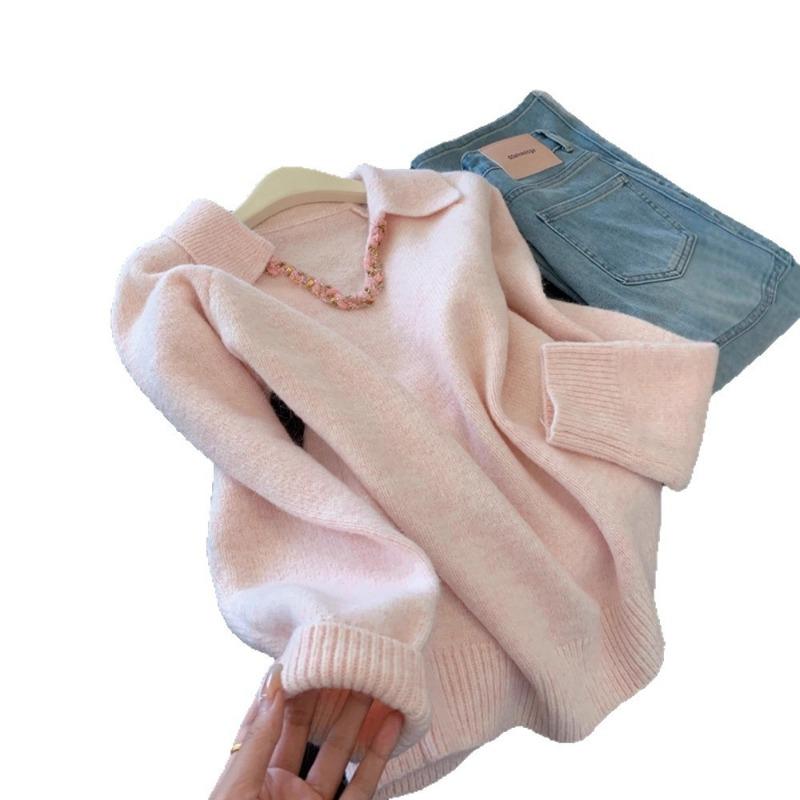 Pink Thickened Knitted Sweater for Women in Autumn and Winter High-end Feel Can Be Worn Outside and Worn Inside Loose and Lazy Top for Small People