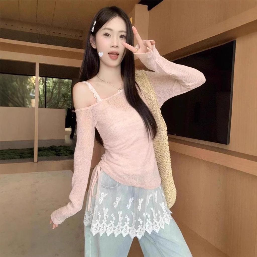 Damen Sommer 2025 Urlaubsstil Set: Spitzen-Camisole, Schulterfreier Kordelzug-Cardigan mit dünnen langen Ärmeln zum Sonnenschutz