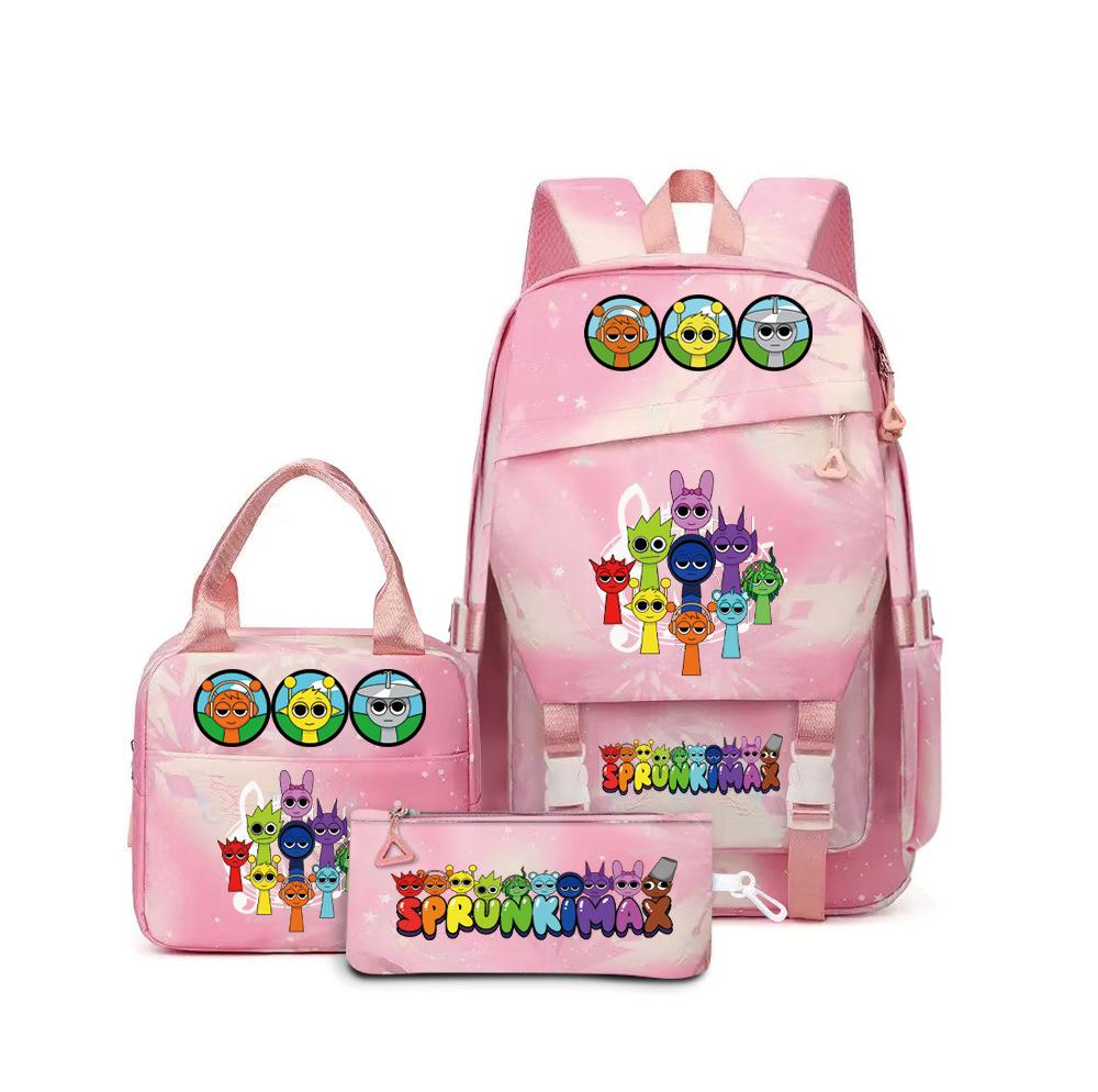 

Rhythm box music game heat transfer backpack Sprunki pink schoolbag portable lunch bag stationery pencil case D as the picture