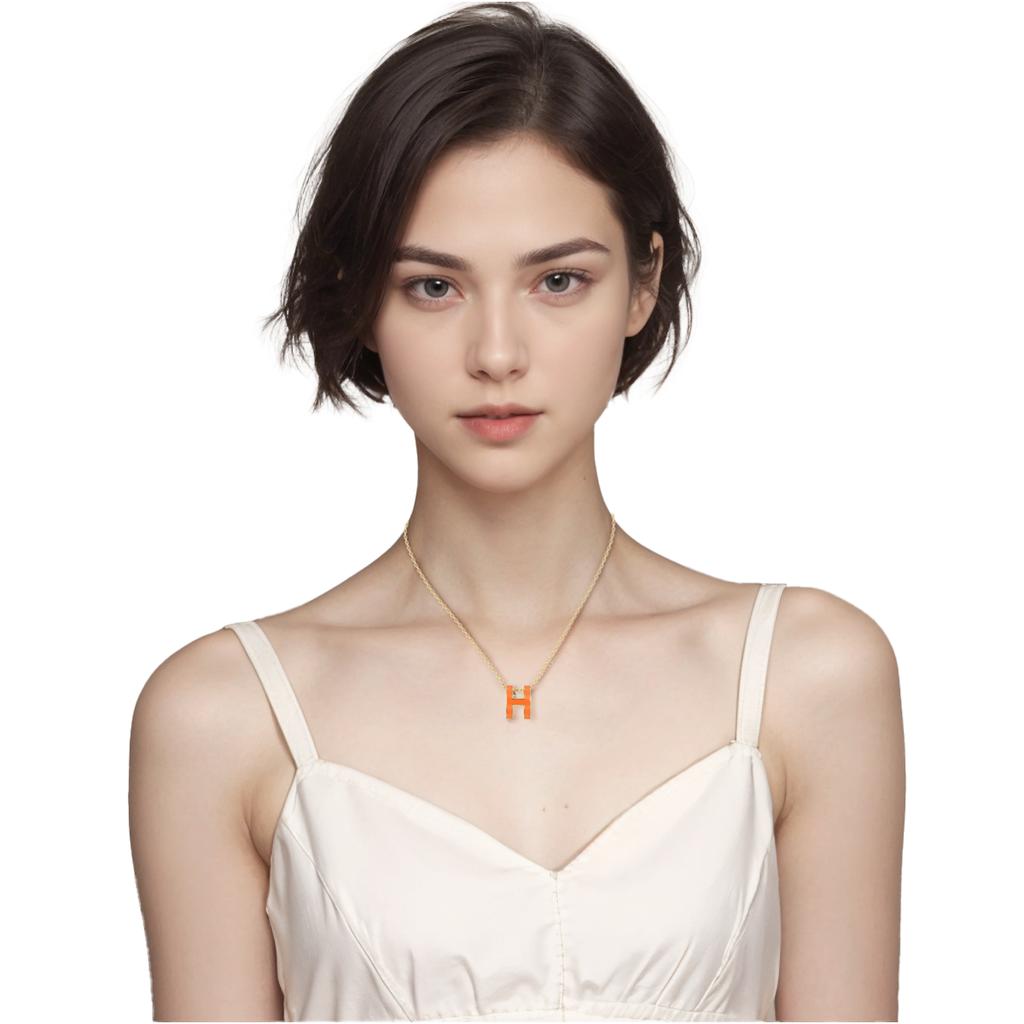 Hermes Pop H Series Pendant Vibrant Orange Necklace Women Necklace Gold H147991F-02