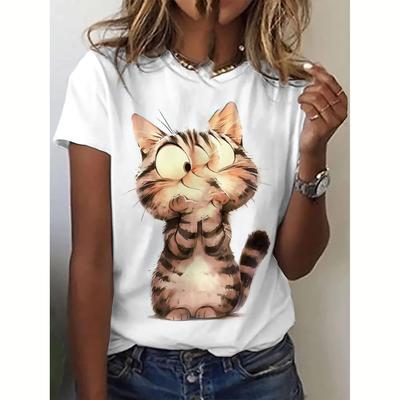 Summer Women's T Shirt Cute Cat Prin Tops Casual Short Sleeve T-Shirts O-Neck Pullover Oversized Female Clothing Lady's Tee