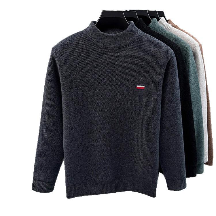 Men's Fleece-Lined Knit Sweater with Half-High Collar and Integrated Fleece Inner Warm Top 
