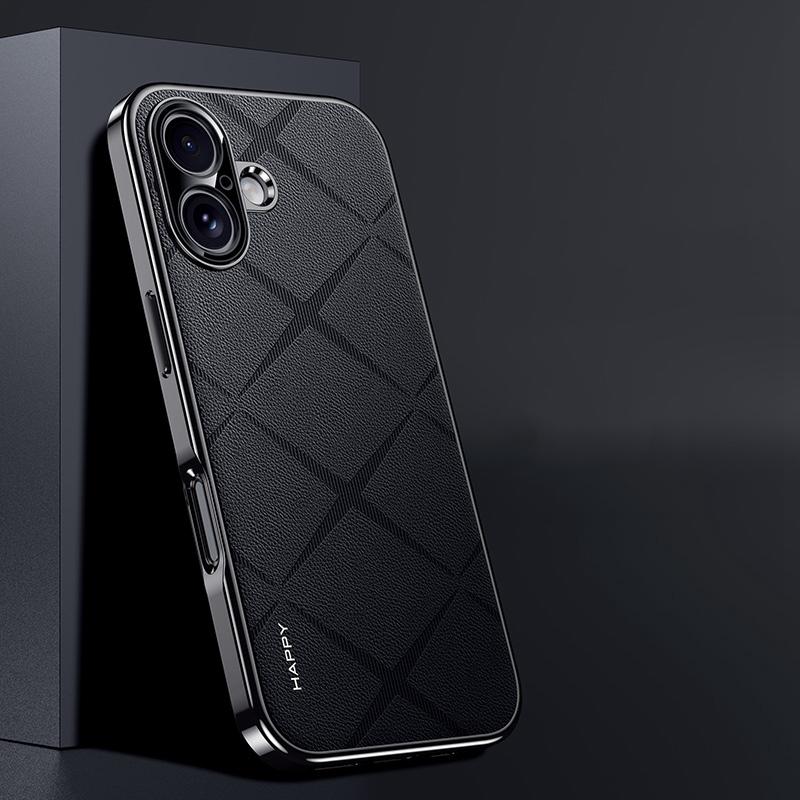 KEYSION Luxury Grid Pattern PU Leather Case for iPhone 17 Pro Max Plating TPU Camera Protection Phone Cover for iPhone 17 Air