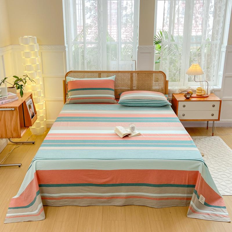 3Pcs 100% Cotton Simple Plaid Pattern Bed Sheet Set Skin-friendly Comfortable Geometric Printed Flat Sheet with Pillowcases