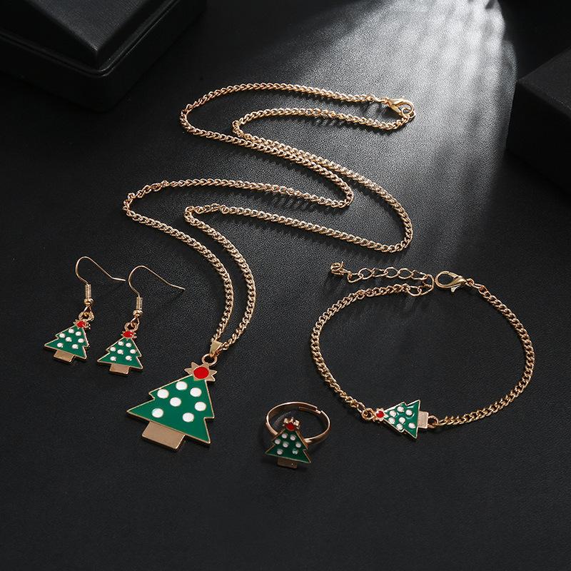 Christmas Bracelets, Earrings, Rings, Necklaces, Four-Piece Set, Christmas Hat, Santa Claus, Elk Earrings.