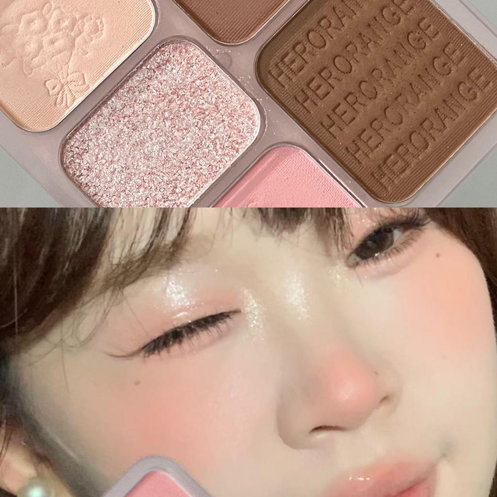 HERORANGE Sweet Flavor Eyeshadow Palette: Low Saturation Pink, Brown Matte, Pearlescent, Fine Glitter, Blush Combo