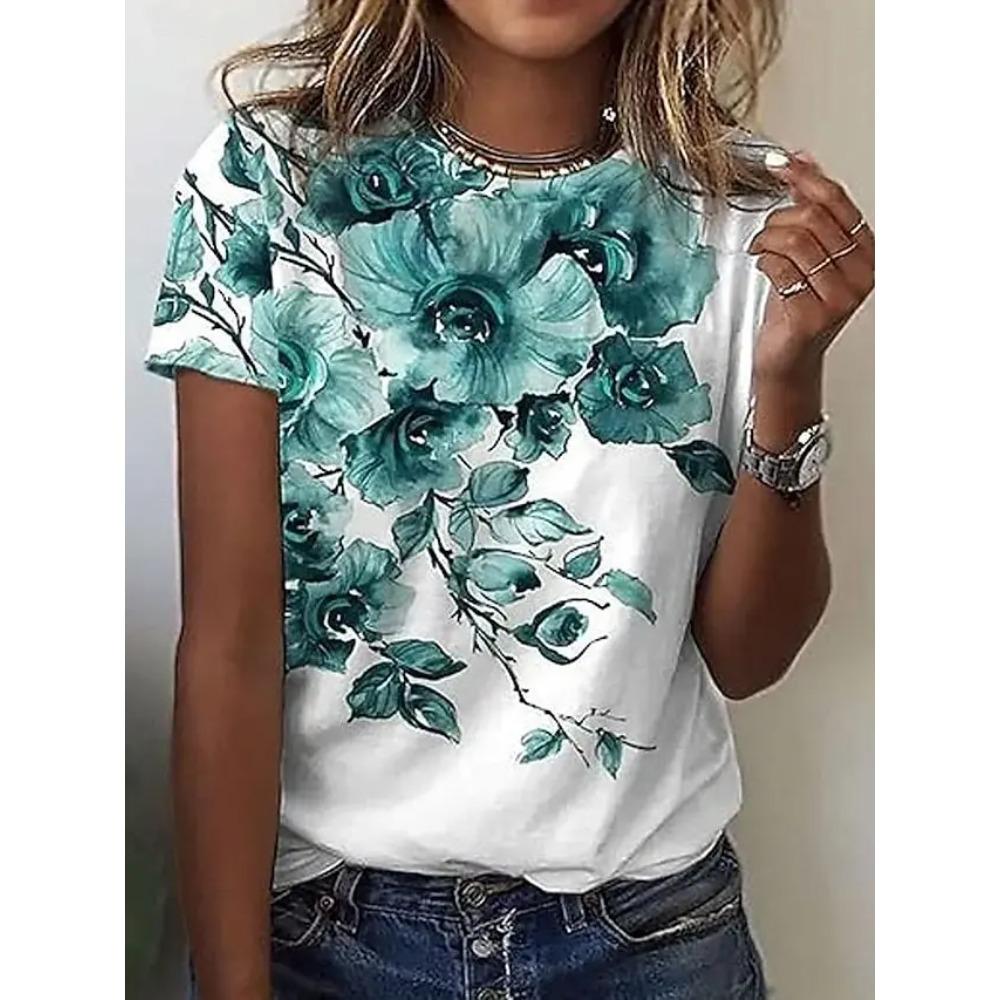 Fashionable Flower Print 3D Printed Women's New Round Neck Short Sleeved T-shirt