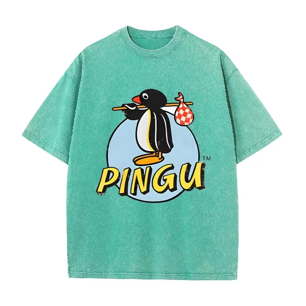 Funny Pingu the Penguin Cartoon Print Washed Beige Streetwear T Shirt