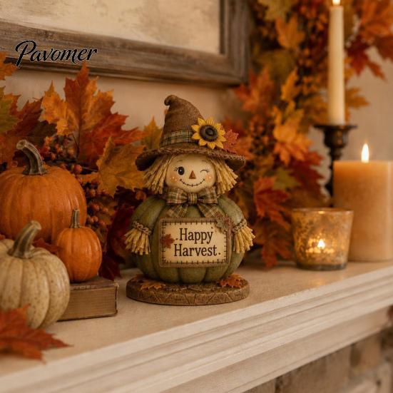 Thanksgiving Indoor Outdoor Decorations 3 Pcs Fall Wooden Scarecrow Figurines, Farmhouse Rustic Statue with Maple Rural Style Fireplace Decor