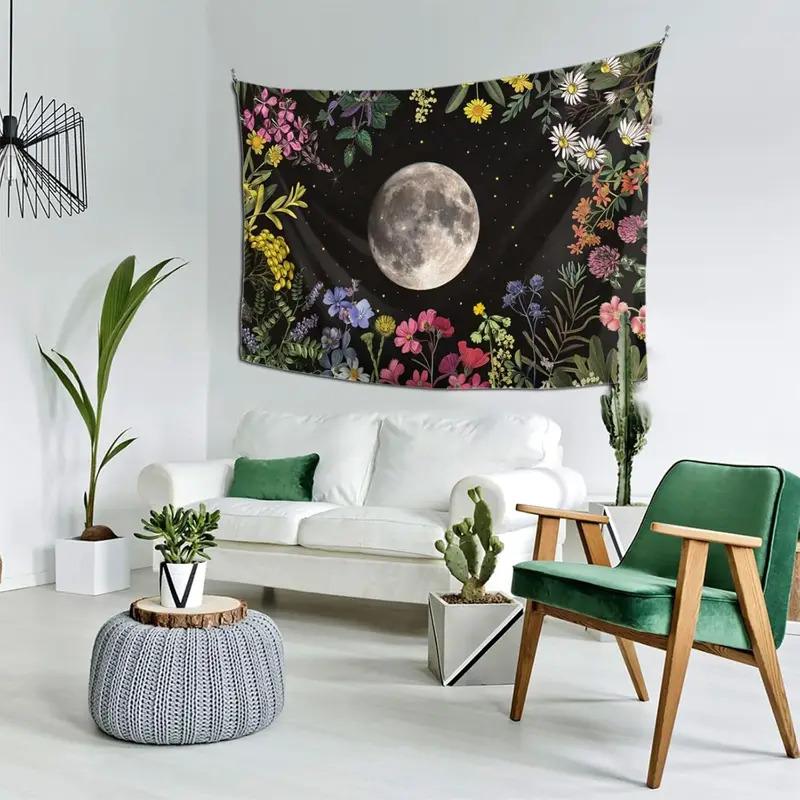 Moonlit Floral Tapestry Full Moon Blossom Motif Bedroom Headboard Wall Hanging Interior Design Style Room Decoration