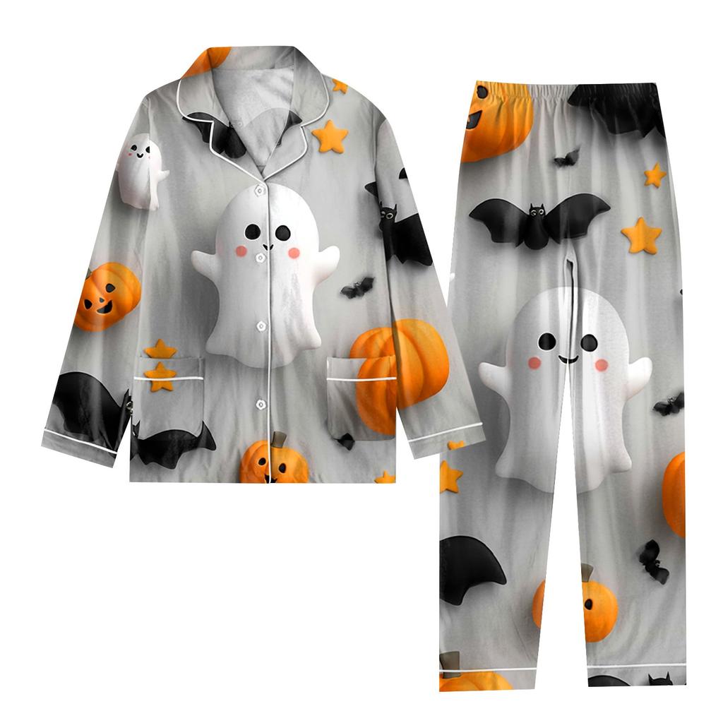 2-teiliger bedruckter Damen-Anzug, langärmelig, Oberteil mit Knopfleiste, weite Hosen, Anzug-Set, Schlafanzug, Home-Casual-Anzug