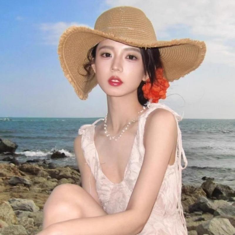 Vacation idyllic Lafite straw hat women's seaside beach sun protection purple line big brim sun hat new