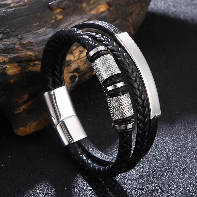Men's Multi-layer Woven Leather Punk Bracelet with Stainless Steel Hip Hop Accents