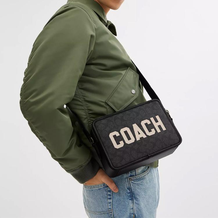 Coach Charter 24 Logo Double Zipper Closure Coated Canvas Crossbody Bag Medium Women Crossbody Bag Charcoal CP136-A5F