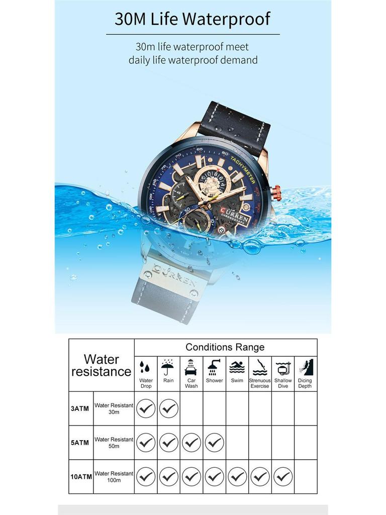 Curren 8380 Men's Waterproof Multifunction Sports Quartz Watch with Leather Strap and Calendar.