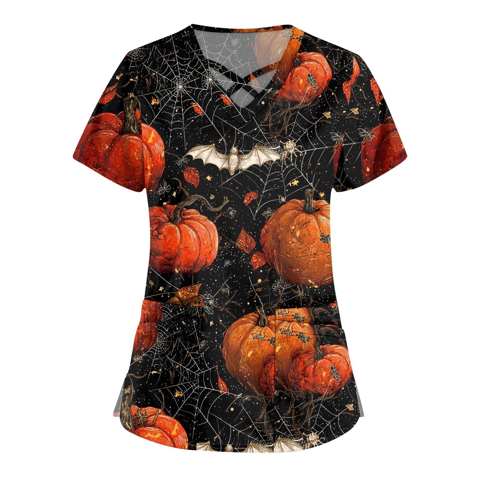 

Женская мода Комбинезоны с перекрестным V-образным вырезом и короткими рукавами Двойные карманы Топы с принтом на Хэллоуин Униформа XL чёрный