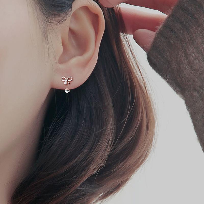 S925 Plated Silver Stud Earrings New Tide Japan and South Korea Women Simple Screw Twist Bean Earrings with Diamond Bow Stud Earrings