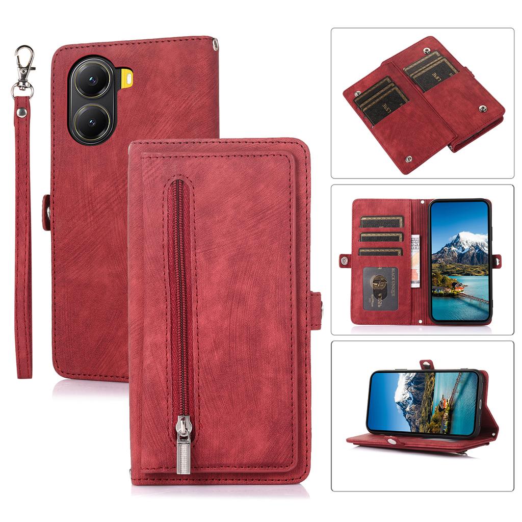 For Xiaomi Poco X7 Pro 5G/Redmi Turbo 4 5G Case Zipper Pocket 9 Card Slots PU Leather Phone Cover with Wrist Strap
