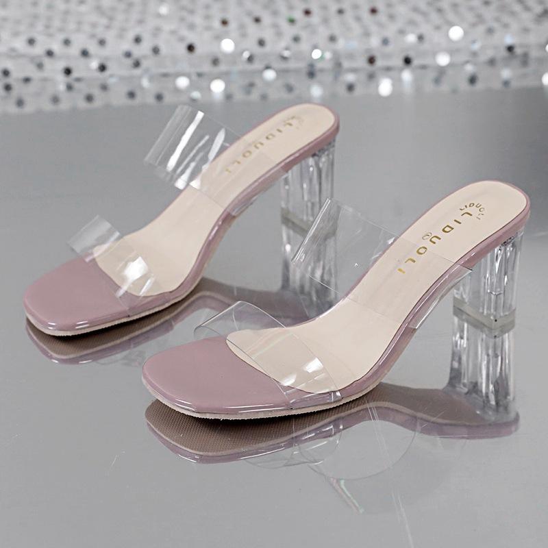 

2025 лето новые корейская версия прозрачный ремень женские сандалии утолщенный толстый каблук на высоком каблуке женская обувь ins уличные шлепанцы 40 фиолетовый