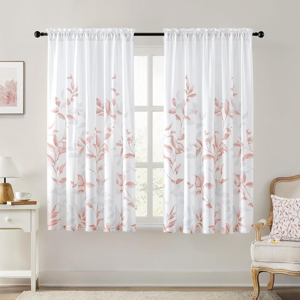 Green and White Privacy Sheer Curtains Length 2 Panels,Leaf Floral Printed Light Filtering Semi Sheer Window Curtains Drapes for