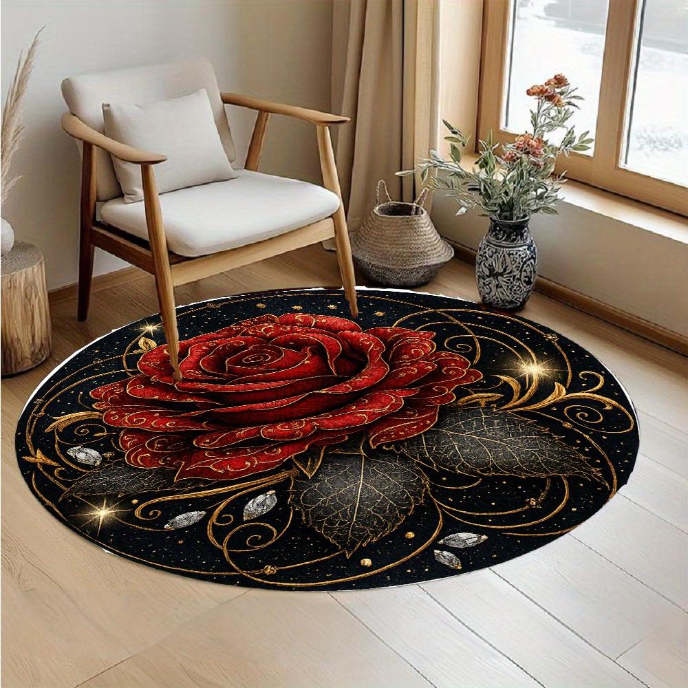 Luxury Red Rose Gold Round Rug, Black Starry Background with Diamond Patterns for Living Room Bedroom Elegant Decor