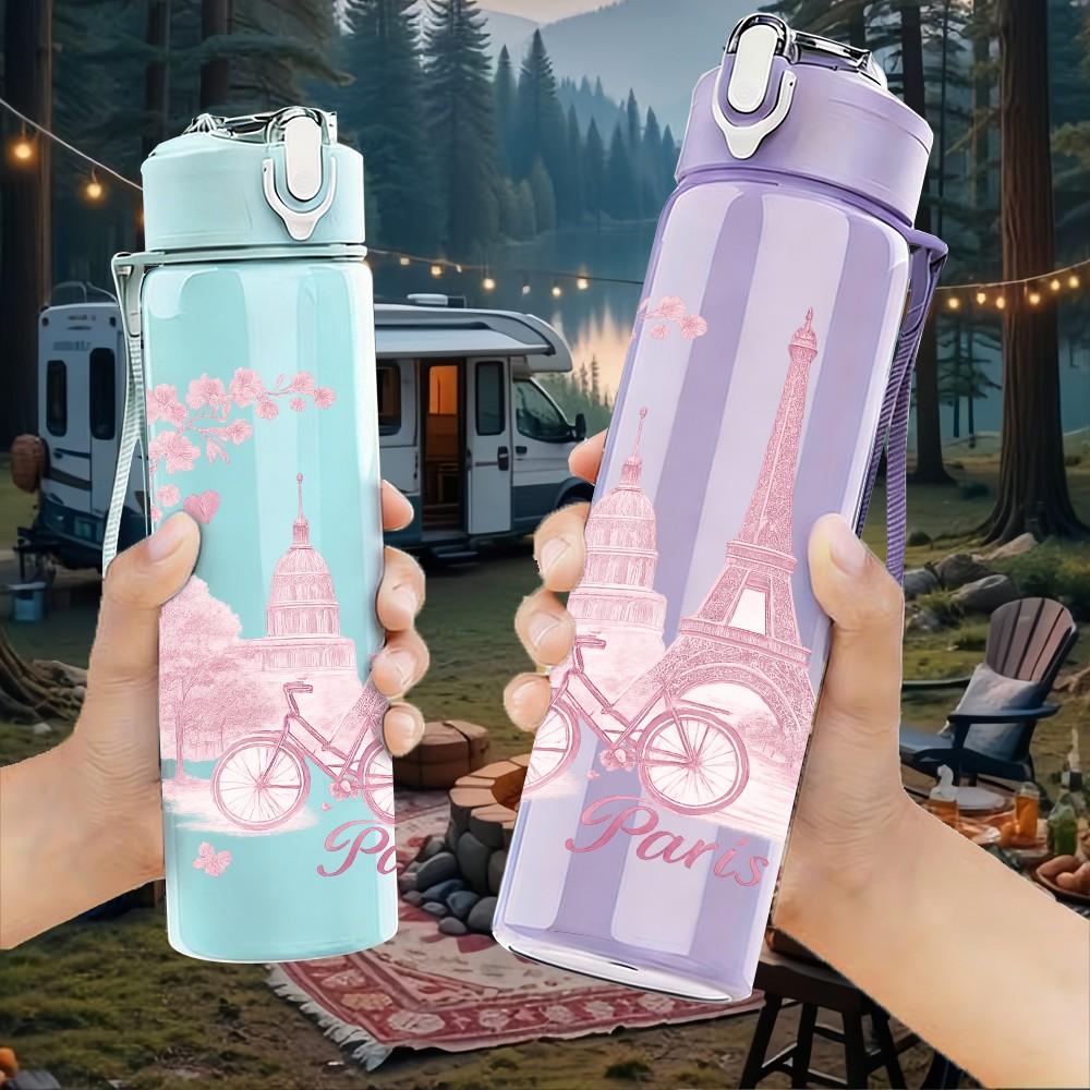 1PC Pink Eiffel Tower Bicycle 750ml Color Plastic Sports Water Bottle Leakproof Flip Straw Lid Suitable for Sports Office Home Use