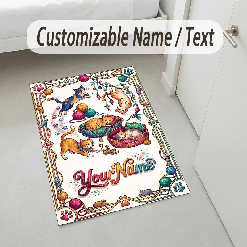 Cat Theme Crystal Velvet Rug Personalized Custom Name Text Soft Floor Mat Home Decor