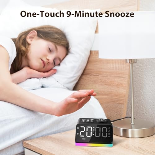 HUO JI Digital Alarm Clock with Large LED Screen, Adjustable Color & Brightness, Radio, 8-Color Dimmable Night Light, Nature Sounds, Sleep Timer, Doub