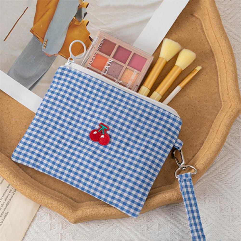 Cherry Canvas Makeup Bag Portable Red Plaid Large Capacity Cosmetics Lipstick Storage Bag Pouch Zipper Toiletry Handbag