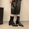 2025 Autumn and Winter Pointed Belt Buckle Thick Heel Short Boots Women's European and American Style High Heel Rear Zipper Super Soft Leathe
