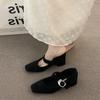French high-end dark brown thick heel retro woolen single shoes women's shoes autumn and winter middle heel commuting evening cotton shoes