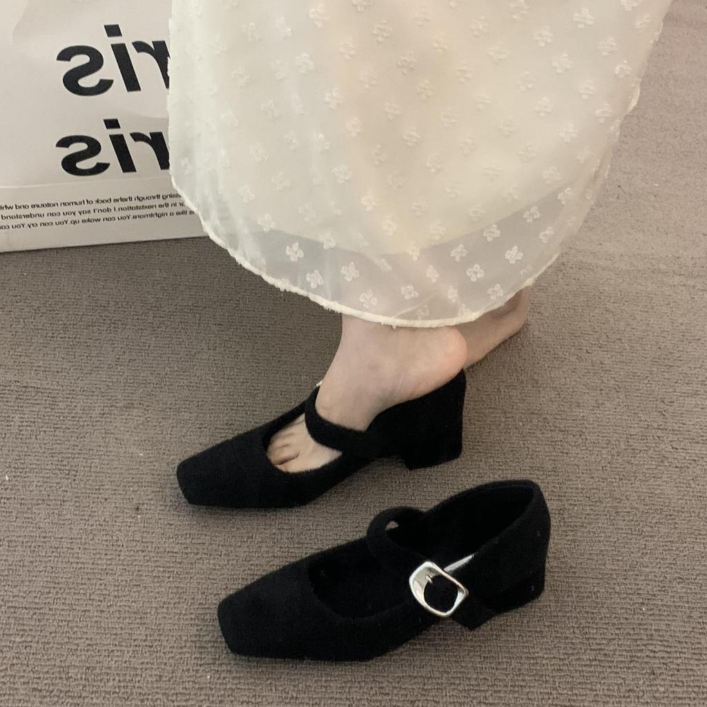 French high-end dark brown thick heel retro woolen single shoes women's shoes autumn and winter middle heel commuting evening cotton shoes